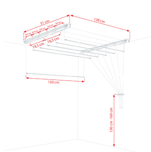 Suszarka sufitowa  łazienka balkon  6prętów 130cm biała