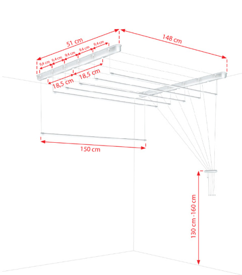 Suszarka sufitowa  łazienka balkon  6prętów 150cm biała