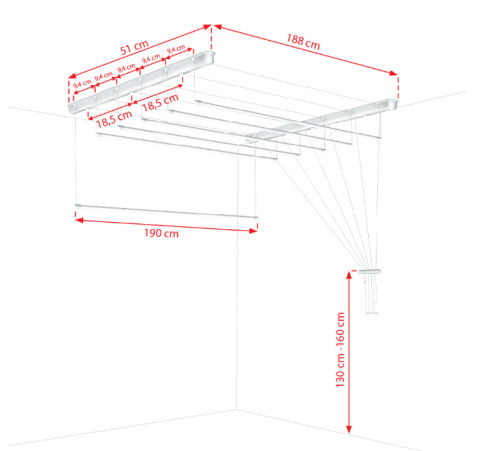 Suszarka sufitowa łazienka balkon 6prętów 200cm czarna