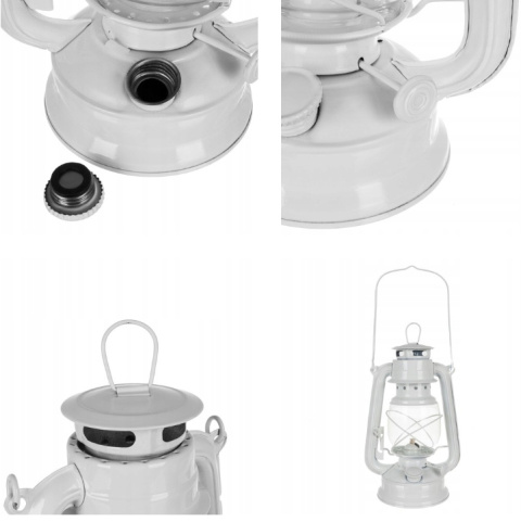 Lampion latarenka nafta olej 24cm biały metal zabezpiecz brak prądu