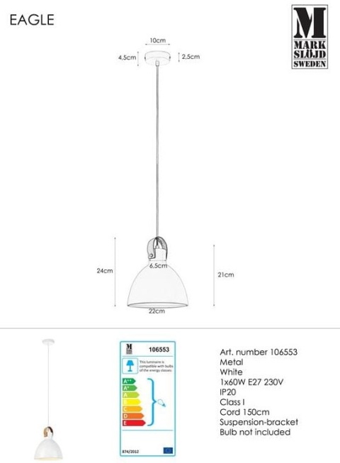 EAGLE biały Ø 22cm E27 Lampa wisząca Markslojd 106553