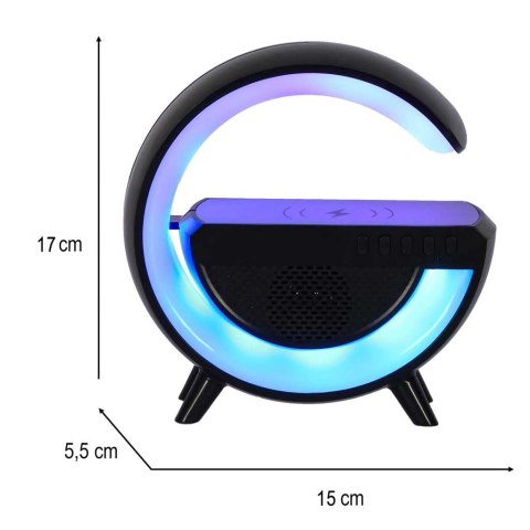 
Lampka LED RGB z głośnikiem i ładowarką indukcyjną - czarna elegancja w nowoczesnym stylu