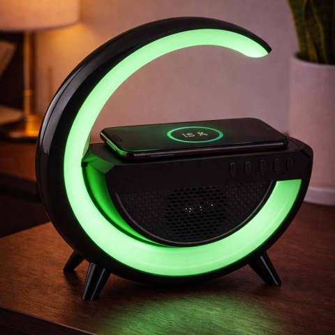 
Lampka LED RGB z głośnikiem i ładowarką indukcyjną - czarna elegancja w nowoczesnym stylu