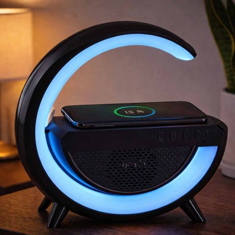 
Lampka LED RGB z głośnikiem i ładowarką indukcyjną - czarna elegancja w nowoczesnym stylu