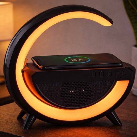 
Lampka LED RGB z głośnikiem i ładowarką indukcyjną - czarna elegancja w nowoczesnym stylu