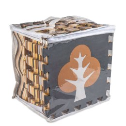 Nowoczesna mata edukacyjna dla dzieci - brązowa piankowa mata puzzle 143 x 143 cm z 36 elementami edukacyjnymi.