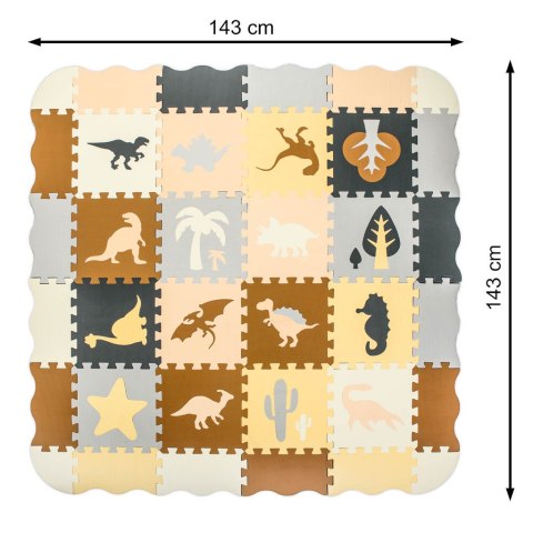Nowoczesna mata edukacyjna dla dzieci - brązowa piankowa mata puzzle 143 x 143 cm z 36 elementami edukacyjnymi.