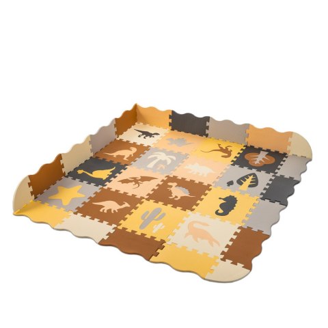 Nowoczesna mata edukacyjna dla dzieci - brązowa piankowa mata puzzle 143 x 143 cm z 36 elementami edukacyjnymi.