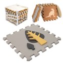 Nowoczesna mata edukacyjna dla dzieci - brązowa piankowa mata puzzle 143 x 143 cm z 36 elementami edukacyjnymi.