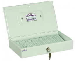 Kasetka kaseta metalowa gruba stal wkład monety klucz  